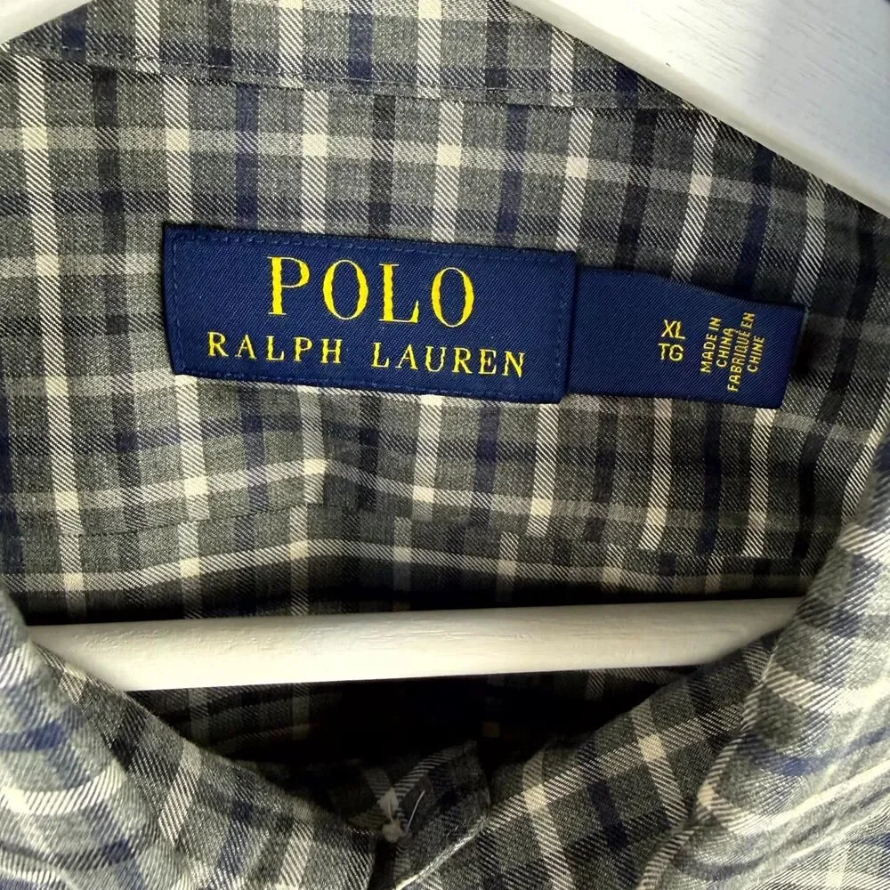 Polo Ralph Lauren Shirt Mens XL Gray Blue Tattersall Check Long Sleeve Button Up